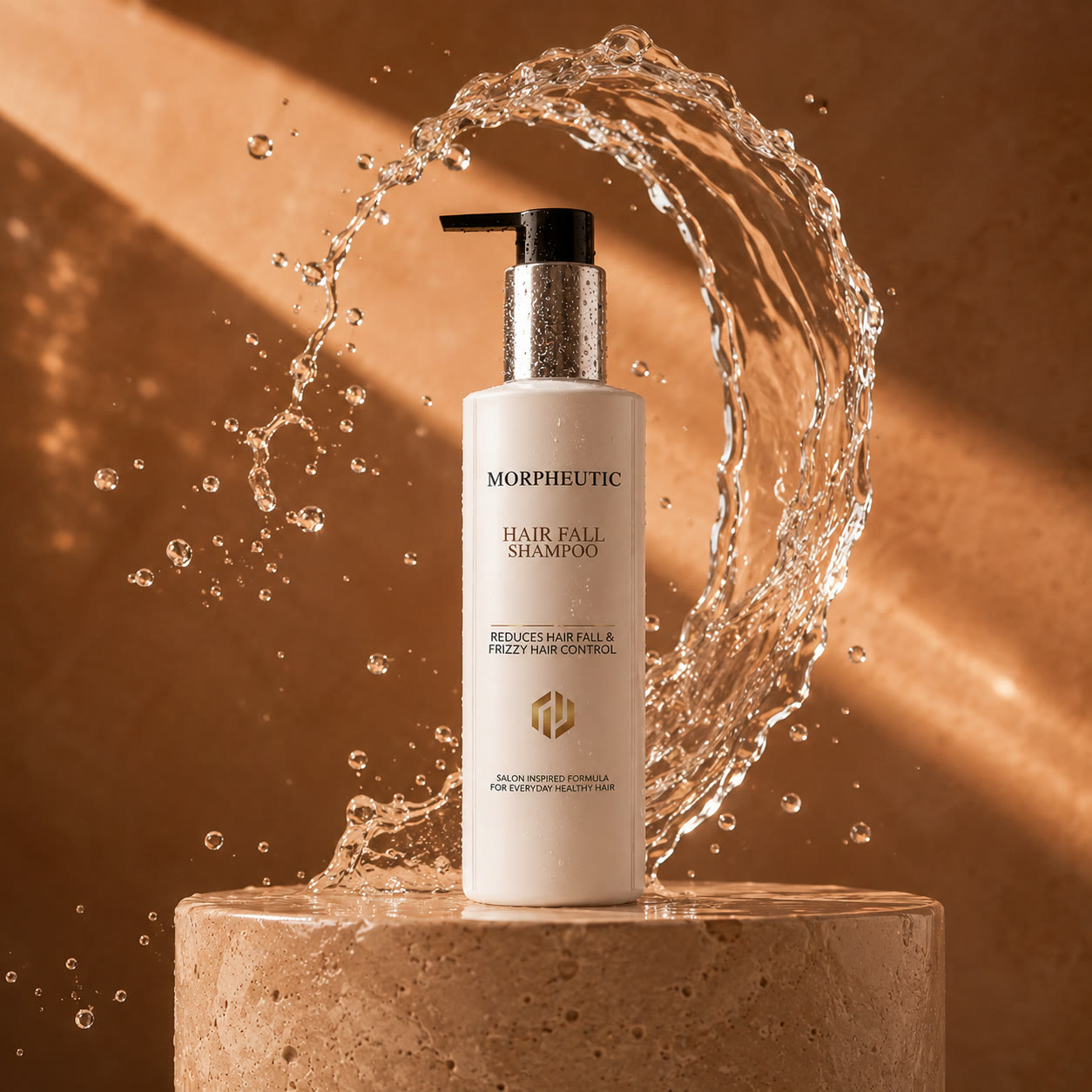 Morpheutic Hair Fall Shampoo, 250 ML, bottle with a water splash under a stone arch